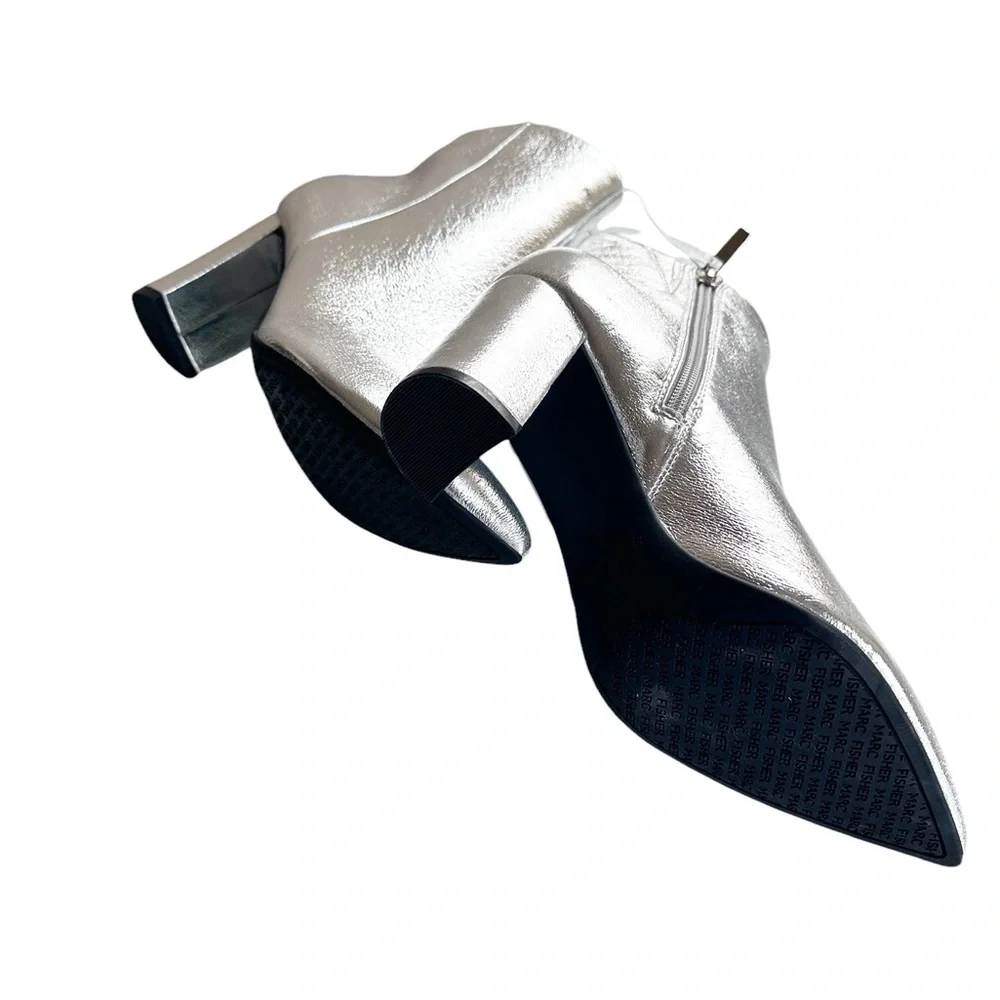NEW MARC FISHER SILVER Metallic POINTED TOE BLOCK HEEL BOOT ZIPPER - Picture 7 of 7